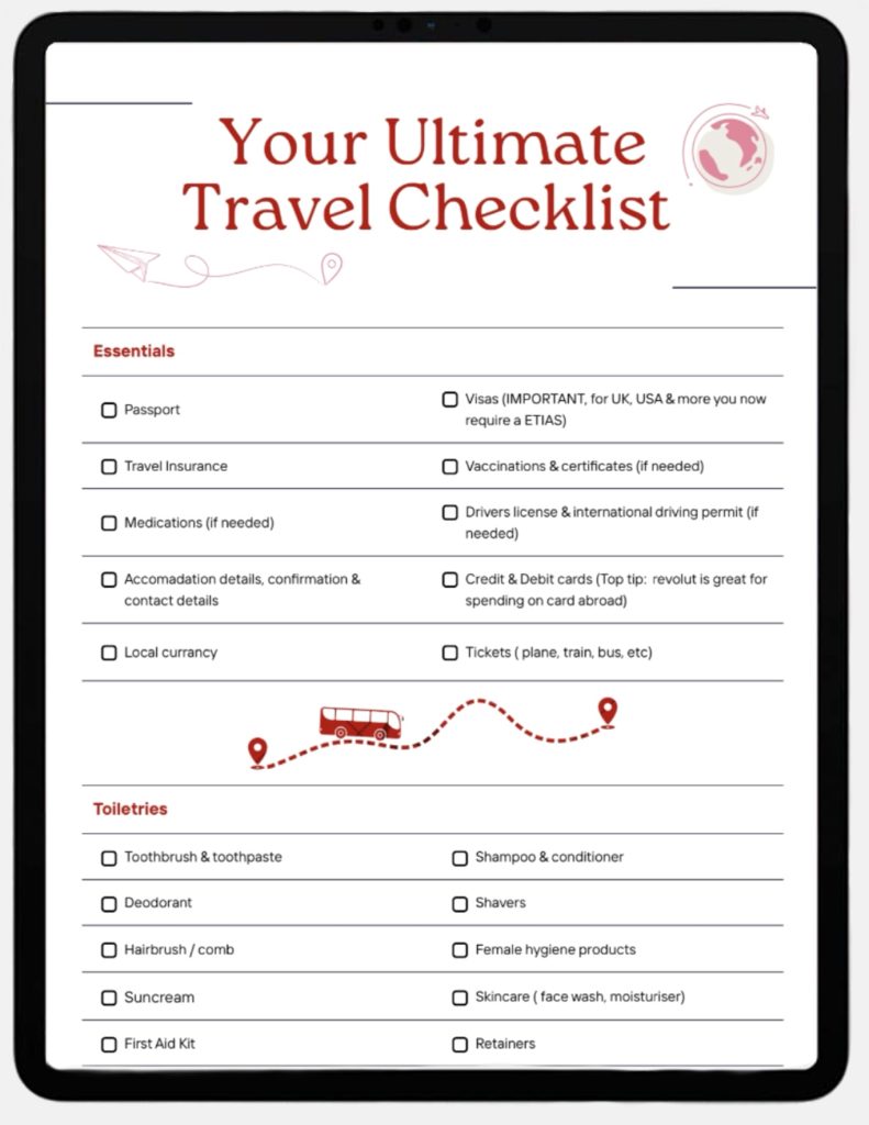 Downloadable comprehensive travel checklist for international travellers on tablet screen. 