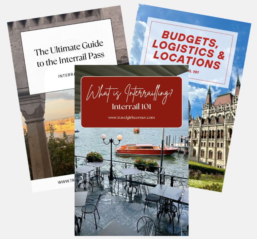 Promotional image for 'The Ultimate Guide to the Interrail Pass' by Travel Girls Corner, with text 'What is Interrailing?' and images of European cities.