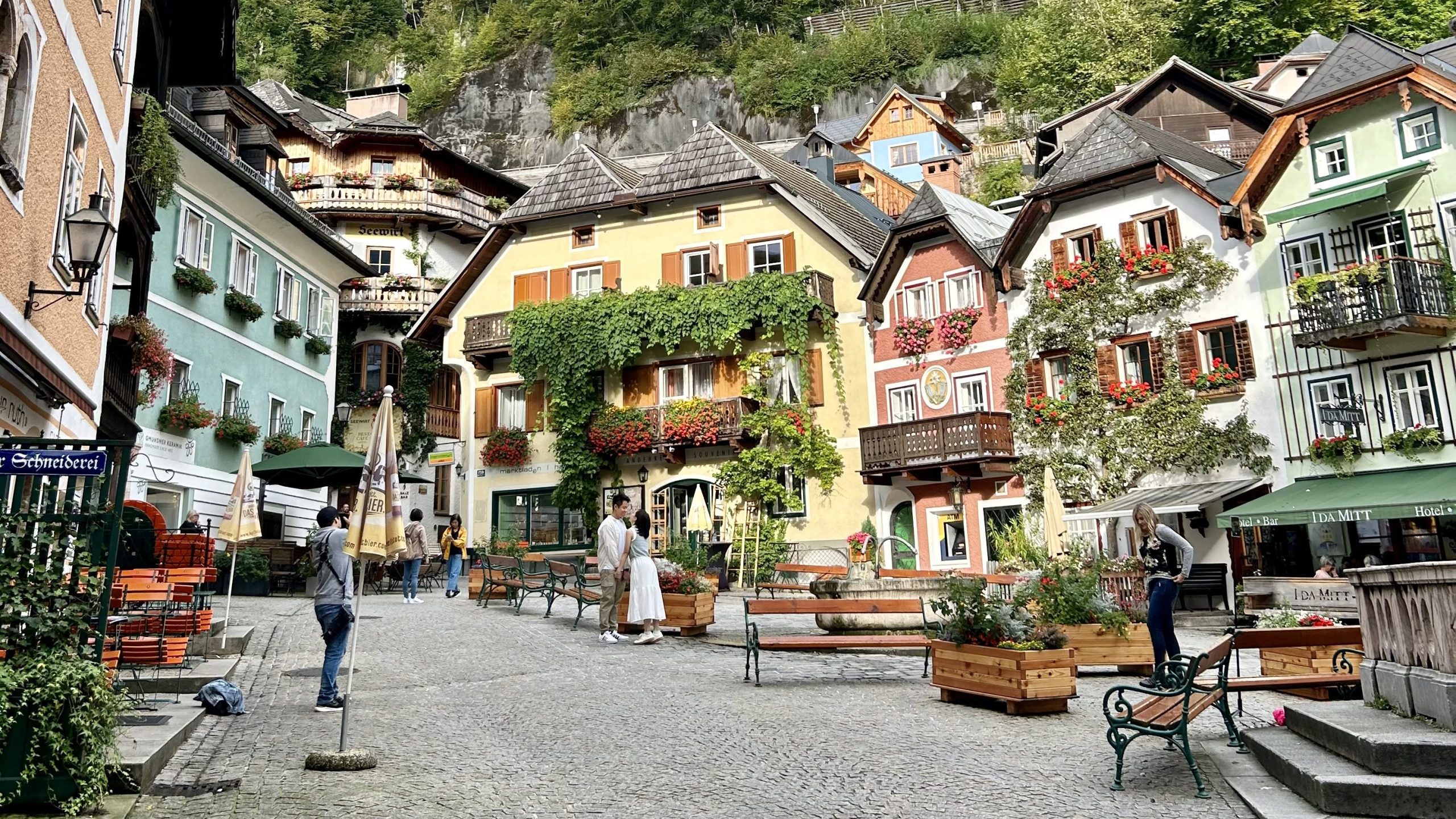 Colourful buildings in Hallstatt in Austria. 