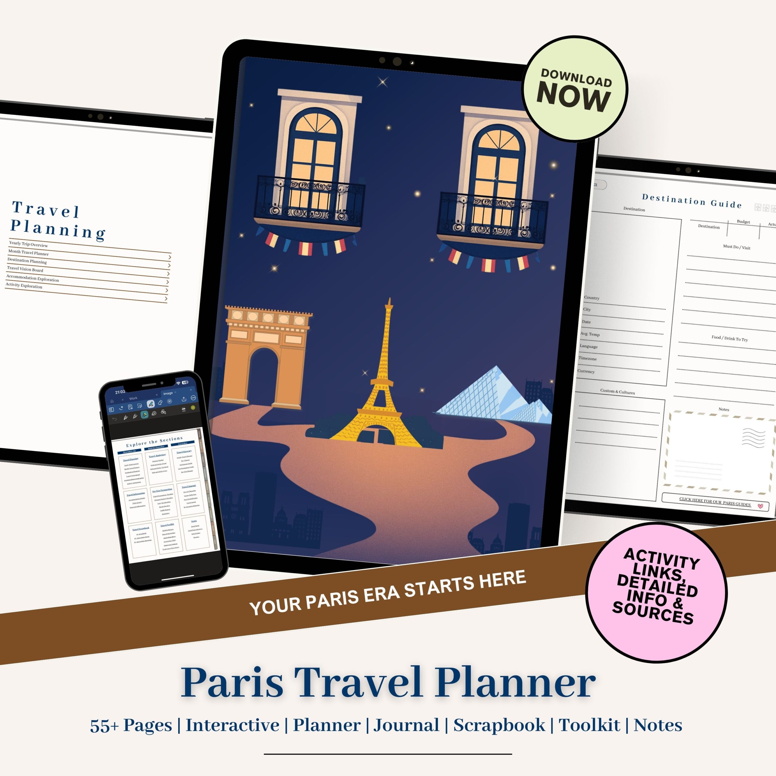 Paris Travel Planner | Digital Itinerary, Budget, Journal (iPad, Android Compatible)